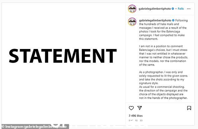 这位 Balenciaga 摄影师说,他因以儿童为主题的束缚主题广告被“私刑”,因为他声称自己没有创意控制权,并回击了这家西班牙时装屋威胁要起诉他的行为。 class=