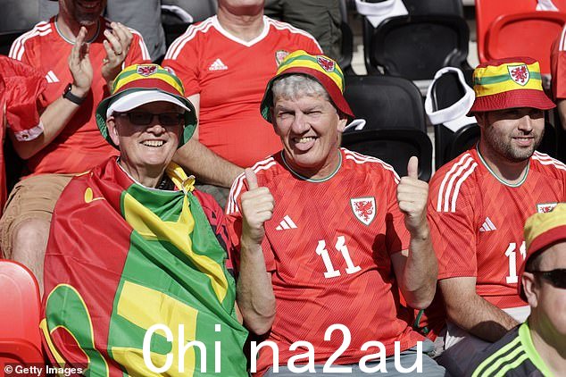 在 2022 年 FIFA 卡塔尔世界杯 B 组威尔士和 IR 伊朗队比赛前戴彩虹帽的威尔士球迷