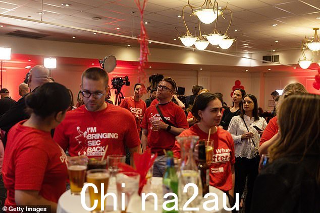 工党支持者在丹尼尔·安德鲁斯马尔格雷夫选区观看选举计票电视转播