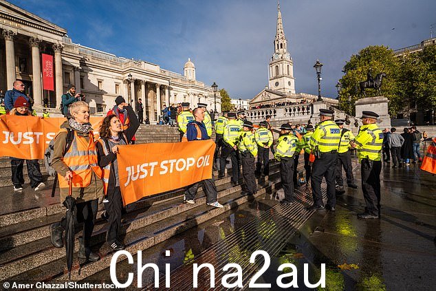 伦敦警察局有超过 11,000 名警官轮班专门从事反 JSO 行动。图为:本月早些时候在特拉法加广场举行的 JSO 示威活动中的警官