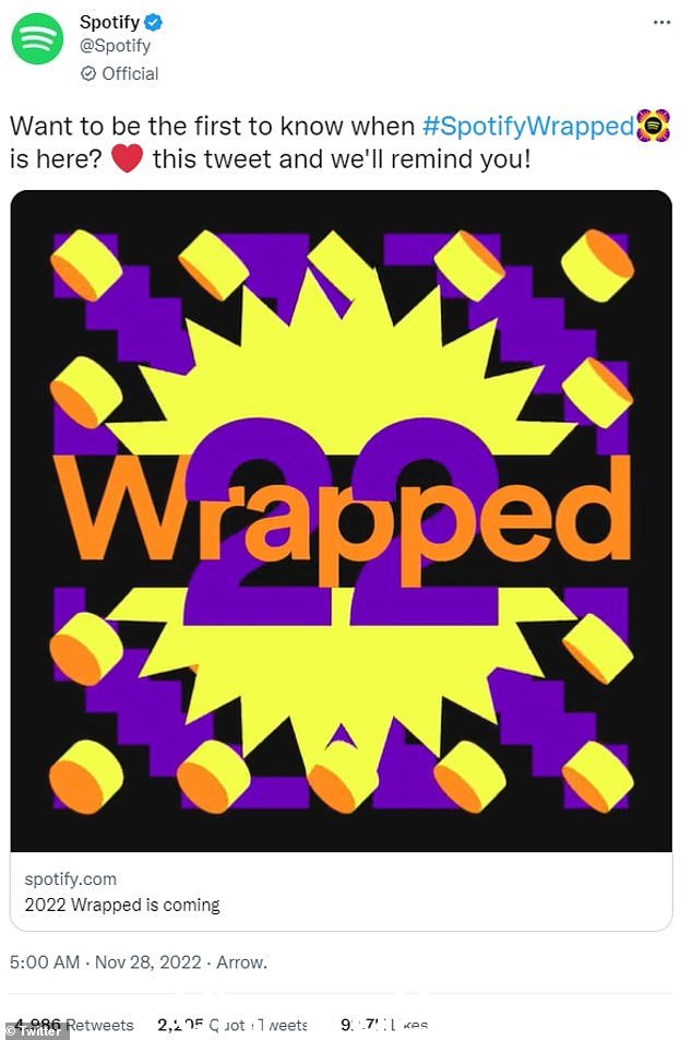 周日,Spotify 发布:'想成为第一个想知道#SpotifyWrapped 什么时候在这里吗?点赞这条推文,我们会提醒你!'