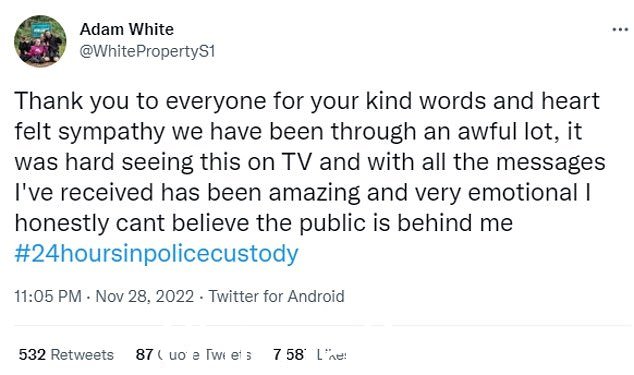 Adam White,他在追捕两名窃贼时将法律掌握在自己手中后被判入狱 22 个月,在昨晚的插曲之后发了推文