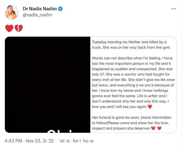 Nadia 周三在她的 Instagram 页面上透露了这一悲惨消息(如图)