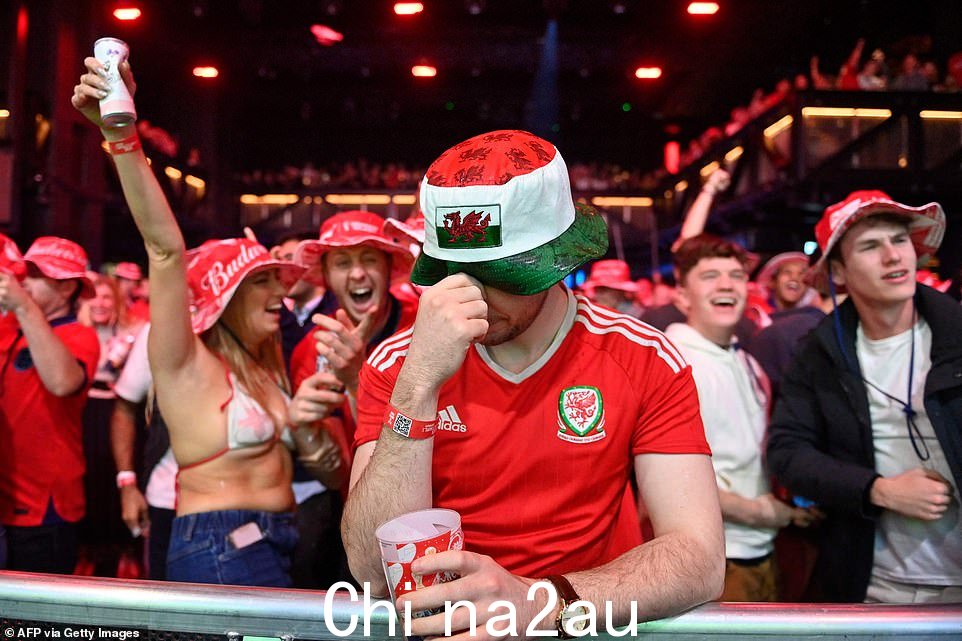 一个孤独的威尔士球迷在观看比赛时庆祝英格兰球迷庆祝他们球队的进球