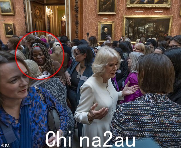 卡米拉,女王配偶,中心,昨天参加了一个提高对暴力侵害妇女和女孩行为的认识的招待会,她的一位家庭女士对恩戈齐富拉尼(红色圆圈)发表了“不可接受和深感遗憾的评论”