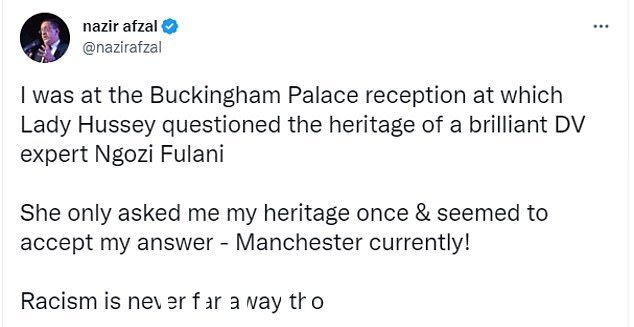 Nazir Afzal,60 岁,曼彻斯特大学校长和 Keir Starmer 爵士领导下的 CPS 前首席检察官,对这一争端作出回应,宣称:“种族主义永远不会远离”。他透露他与 Hussey 夫人进行了交谈