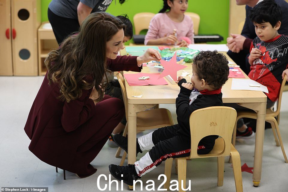 凯特和威廉参加了一项艺术和工艺活动在 Roca 与几个小孩的 ts 会议,看到公主帮助一个年轻人做一些纸形状
