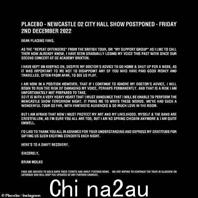 遗憾:他和 48 岁的吉他手兼贝斯手 Stefan Olsdal 为“屡犯”而道歉——在希腊取消约会四个月后由于疾病以及许多其他由于 COVID 爆发