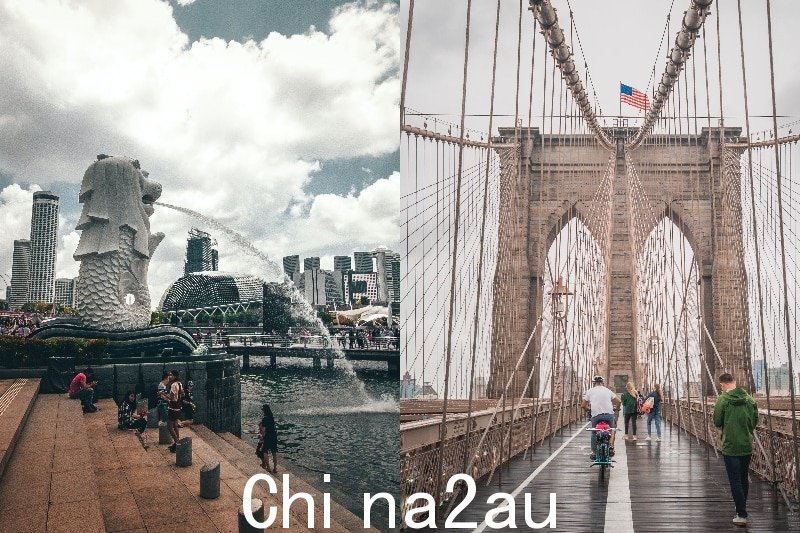 一张合成图，左边是新加坡的水景，右边是纽约的大桥
