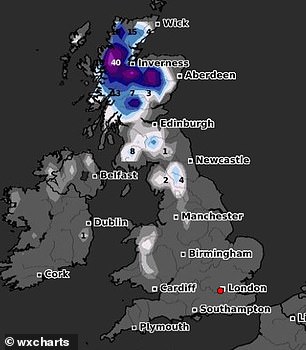 预报预测 12 月 17 日星期六会有高达 40 厘米的降雪
