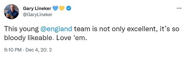 成功:BBC 专家加里在 Twitter 上写道:'这支年轻的@england 团队不仅出色,而且非常讨人喜欢。爱他们'