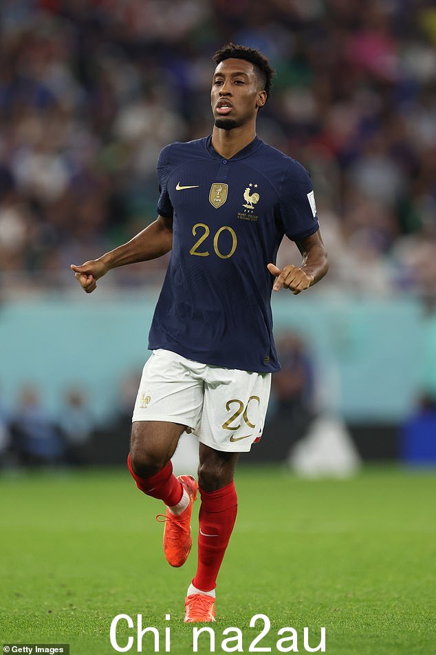 Kingsley Coman of Fran ce 在 FIFA 世界杯卡塔尔 2022 年 16 强法国和波兰的比赛中