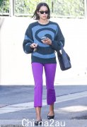 劳拉·哈里尔 (Laura Harrier) 身穿图案毛衣和紫色长裤单人外出，打造时尚身材