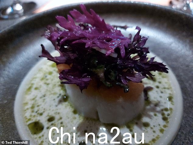 Ted's 烤鳕鱼里脊配香脆羽衣甘蓝。配以“非常美味的酱汁,使用坎布里亚贻贝和苦艾酒制成的高汤配制而成,最后加入双层奶油和莳萝油”。Ted 补充说,包含这个是朝鲜蓟泥圈