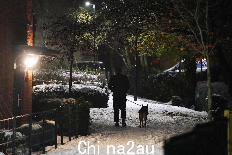 周一,在格洛斯特郡的赛伦塞斯特,有人看到一名遛狗人在雪地里跋涉