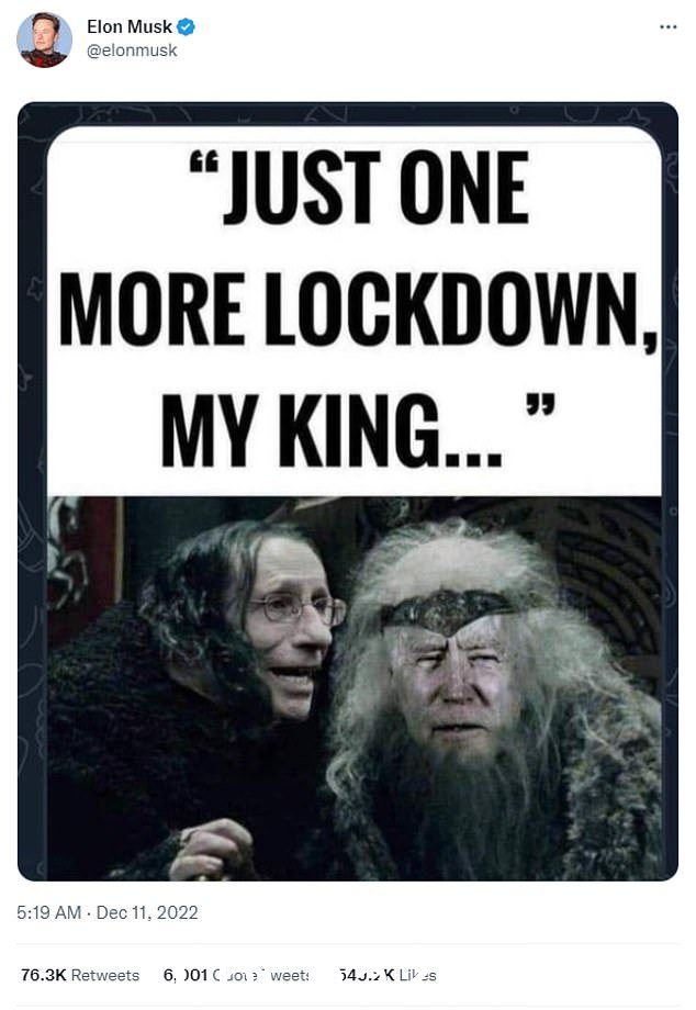 Elon 后来分享了一个 meme,描绘了指环王中的一个场景,经过编辑显示 Fauci 告诉拜登“再封锁一次,我的国王”。这条推文获得了超过 50 万个赞
