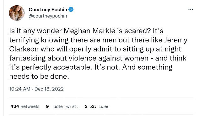 记者 Courtney Pouchin 也问:'是不是难怪梅根·马克尔会害怕吗? “知道有像 Jeremy Clarkson 这样的男人会公开承认晚上坐着幻想对女性的暴力行为是可怕的——并且认为这是完全可以接受的” class=