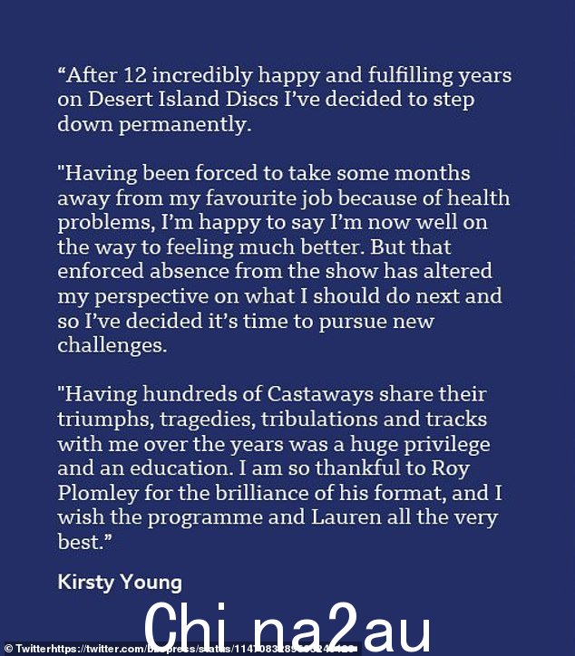 退出:Kirsty 承认她不得不离开她的广播工作感到'非常不稳定',她'绝对喜欢'并打算这样做直到他们让她离开