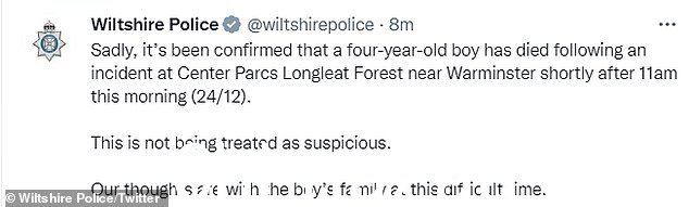 威尔特郡警方发言人说:'这没有被视为可疑。我们与男孩的家人同在在这个困难时期'