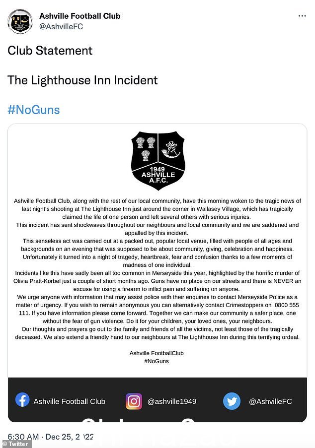 阿什维尔足球俱乐部也在社交媒体上谴责了俱乐部官员所说的“可悲的是今年在默西塞德郡太常见了”的“毫无意义的暴力行为”