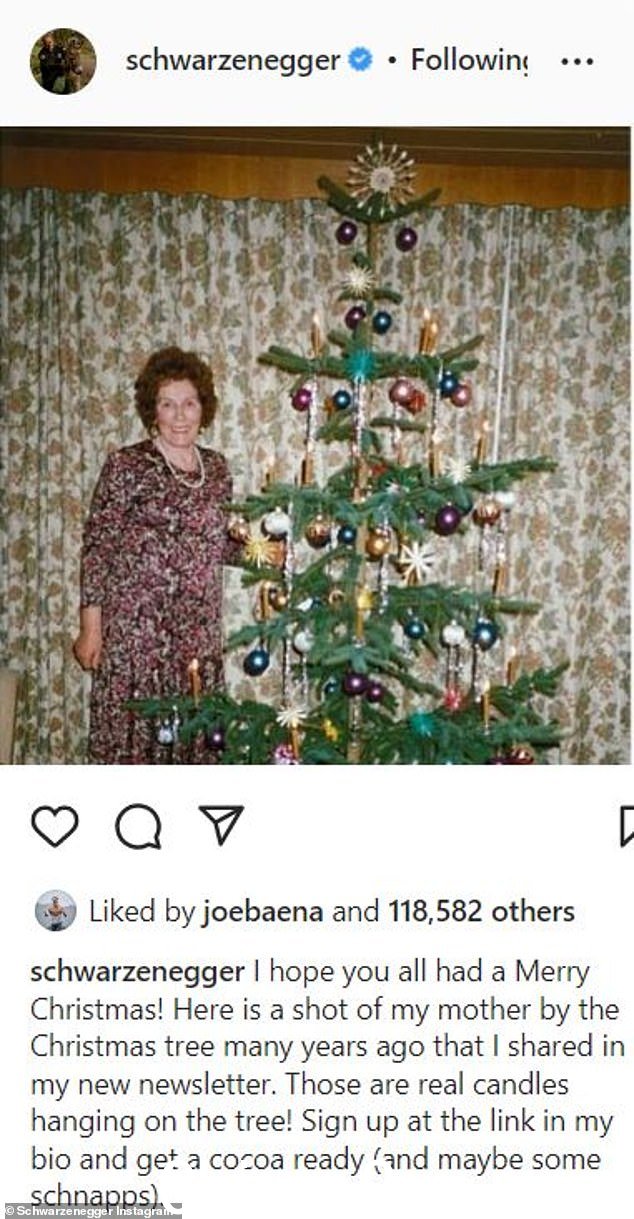 最新消息:75 岁的阿诺德施瓦辛格周一在 Instagram 帖子中向他已故的母亲 Aurelia Schwarzenegger 致敬,分享了她在圣诞树旁摆姿势的复古假期照片