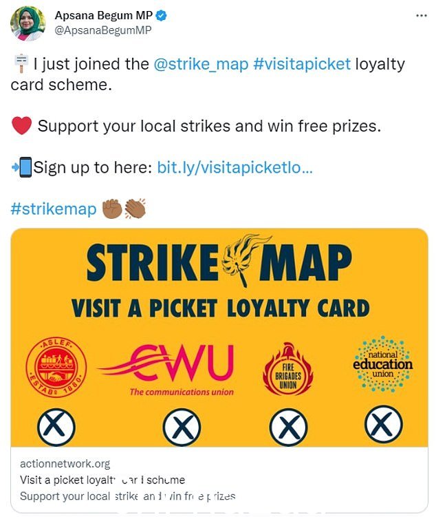 Apsana Begum,Poplar 和 Limehouse 的国会议员,在推特上写道:“我刚刚加入了 Strike Map #visitapicket 忠诚卡计划。支持您的本地罢工并赢取免费奖品¿