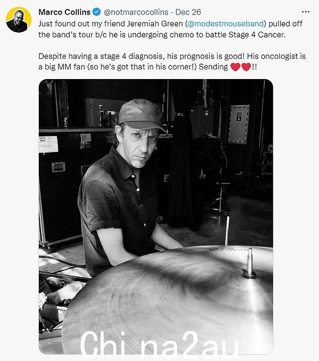'只送他爱的治疗能量!':电台 DJ Marco Collins 还在他的社交媒体页面上分享了这条消息,透露 Jeremiah '取消了乐队的巡演'来接受治疗