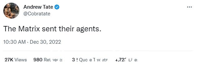 Tate 的 Twitter 帐户今天早上发布,在他被捕后的第二天:'黑客帝国派出了他们的特工'