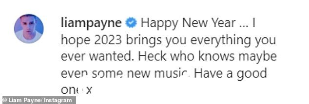 新年快乐!Liam 写道:'新年快乐 ¿ 我希望 2023 年能给你带来你想要的一切。天知道,也许甚至有些 n新音乐。玩得开心 x'