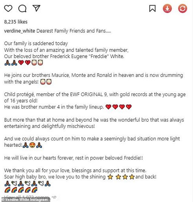 对于他的兄弟:兄弟姐妹 Verdine 分享道,'最亲爱的家人朋友和粉丝......今天我们的家人为失去一位了不起的才华横溢的家庭成员而感到悲伤,我们深爱的兄弟 Frederick Eugene“Freddie”White'