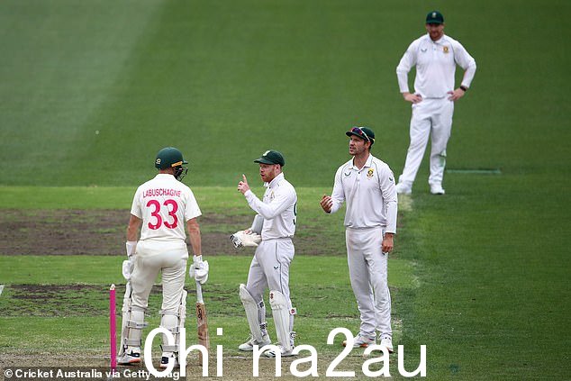 片刻之后,Marnus Labuschagne 被判出局 - 只有第三位裁判才给予缓刑(如图,Proteas 球员传达他们的想法)