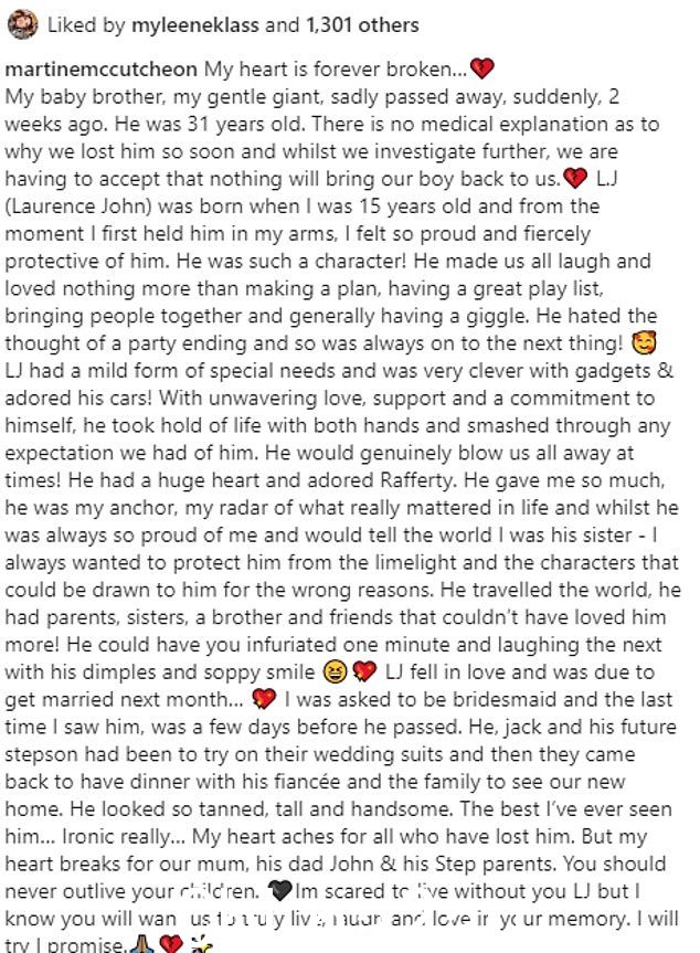 '我的心永远破碎':Martine 在一篇冗长的帖子中透露了 LJ 神秘死亡的毁灭性消息,写道:'LJ 坠入爱河,接下来就要结婚了month'