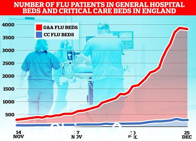 最新一轮卫生服务数据显示,流感席卷了英格兰的 NHS,12 月 23 日有超过 3,800 人因该病毒入院。图表显示了人数流感患者占用的病房床位(红色)和重症监护室因病毒占用的床位数量(蓝色)
