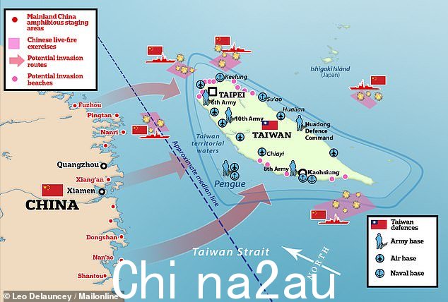 台湾一直生活在中国入侵的威胁之下,中国声称自治的民主国家是其领土的一部分,有朝一日会在必要时通过武力夺回。这张图显示了中国军队可能从哪里出发在台湾,如果北京真的发动入侵,他们很可能会登陆
