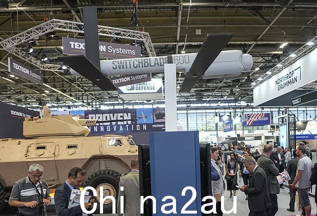 一个开关b由 AeroVironment 制造的 lade 600 巡航导弹无人机在巴黎北部维勒班特的 Eurosatory 武器展上展出