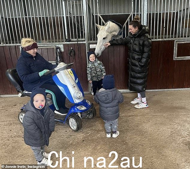有趣的旅行:孩子们在外面散步去看马厩里的一匹马时,似乎和朋友们玩得很开心