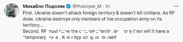 乌克兰总统顾问Mykhailo Podolyak说普京的和平命令是虚伪的