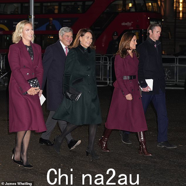 此外,她七岁的女儿夏洛特公主; 39 岁的姐姐皮帕·米德尔顿 (Pippa Middleton);和安妮公主 41 岁的女儿扎拉·廷德尔 (Zara Tindall) 都穿着相似颜色的套装