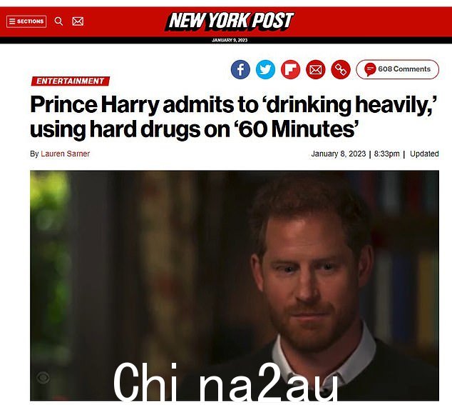 《纽约邮报》的标题集中在采访中的一些更色情的细节上。‘哈里王子承认‘酗酒’,在 60 分钟的节目中使用烈性毒品’《纽约邮报》的标题在周日晚上读到” class =