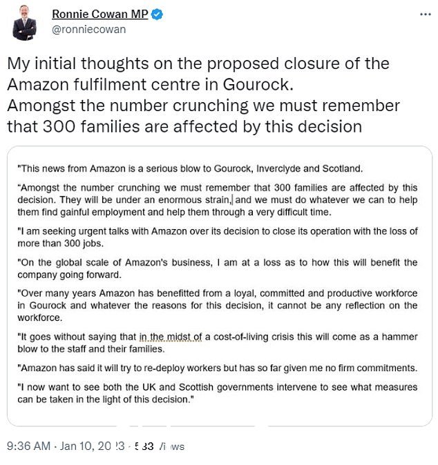Inverclyde 的议员 Ronnie Cowan 表示,关闭是“对 Gourock 的严重打击”,并且他在担心失去 300 个工作岗位的情况下寻求与公司进行紧急谈判