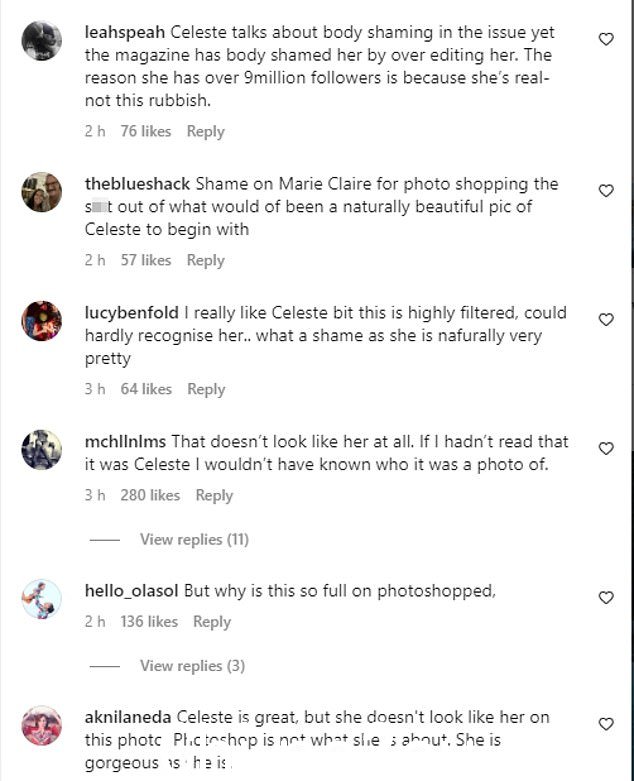 'Celeste 在这期杂志中谈到身体羞辱,但杂志通过过度编辑她的身体羞辱了她。她拥有超过 900 万粉丝的原因是因为她是真实的——而不是这些垃圾,”一位粉丝写道