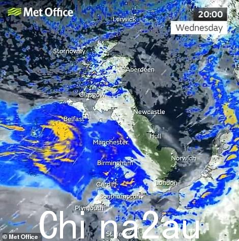 英国气象局警告说,今晚还会有更多的大雨,稍后还会有更大面积的大雨从西边进入。预报员说,最好的天气是更干燥、更晴朗的天气更多英国东北部地区