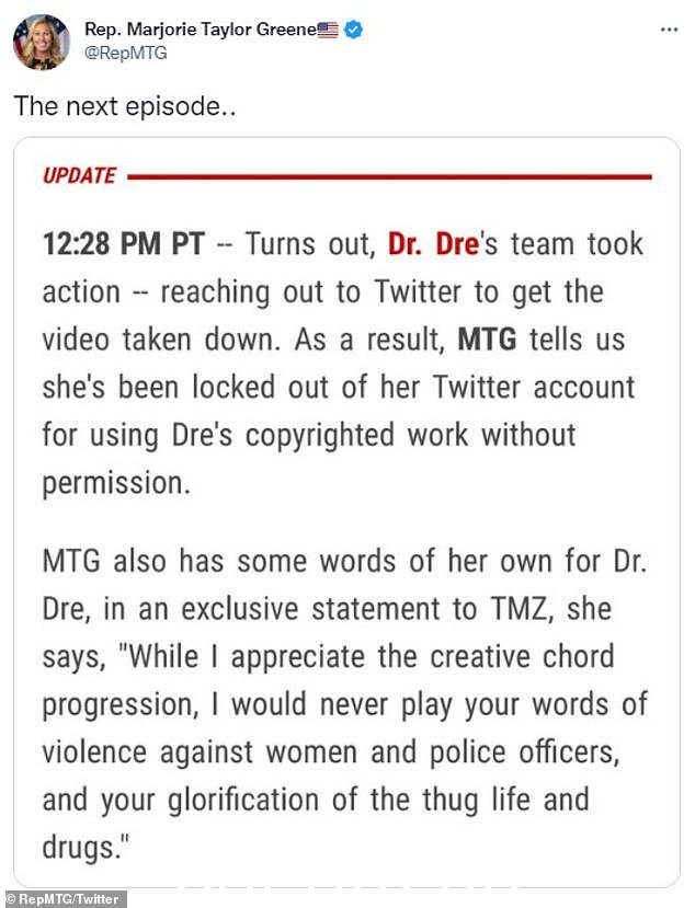 格林在推特上发表了她给 TMZ 的一份声明,该声明是针对说唱歌手 Dre 博士的,此前他的律师因使用“Still D.R.E.”而起诉他。在佐治亚州共和党人周一发布在社交媒体上的一段视频中