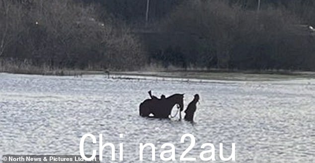 英国气象局警告说,倾盆大雨可能导致房屋被淹并导致停电,而各地区已经出现公共交通延误和道路封闭的情况。图为:周三,北约克郡里彭的一匹马在洪水中搁浅