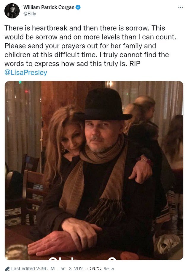 Loss:Billy Corgan 在她的职业生涯早期与 Lisa Marie 合作,她在推特上写道:'先是心碎,然后是悲伤。这将是悲伤的,而且程度超出我的想象'