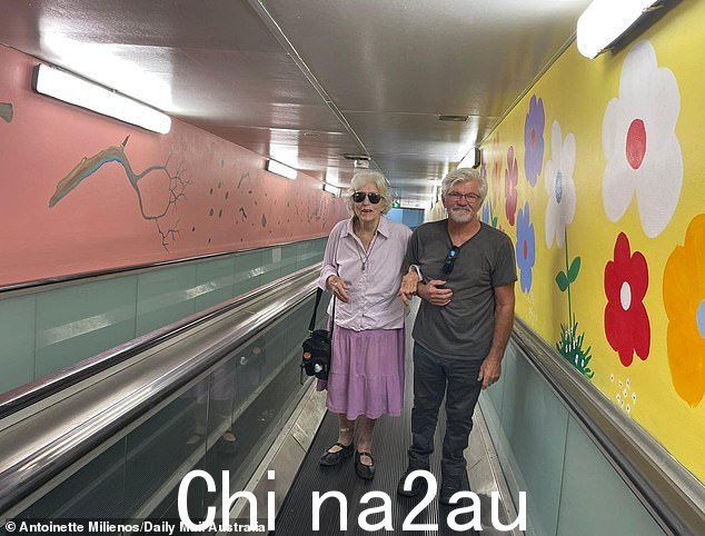 这位 92 岁的老人艰难地爬上陡峭的斜坡,并说可移动人行道已经三年多没有用了(如图,Shirley McMullen 和 Domain 壁画艺术家 Tim Guider)
