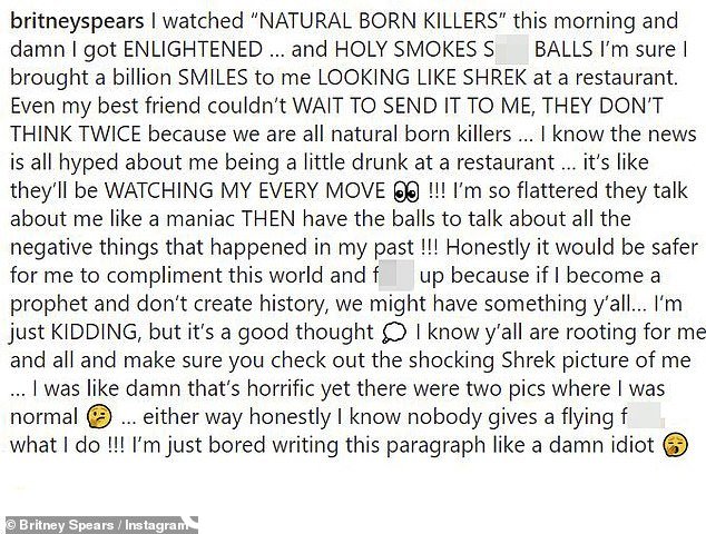 已观看:'我今天早上看了 ¿NATURAL BORN KILLERS 和该死的我 g ot ENLIGHTENED ¿ 和 HOLY SMOKES S**T BALLS,' Spears begins