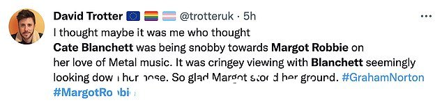 Margot,32 岁,在 Graham Norton Show 上露面时承认自己是一个十几岁的狂热者,这促使 Cate 问是否有人“真的”喜欢金属。观众纷纷涌向社交媒体,抨击凯特对金属头的“居高临下”和“刻薄”观点。 , 32, 承认她在格雷厄姆诺顿秀上露面时是一个十几岁的狂热者,促使凯特问是否有人“真的”喜欢金属。观众蜂拥到社交媒体上抨击凯特,因为她对金属头的“居高临下”和“刻薄”观点</p><p class=