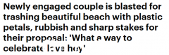 这对情侣在海滩上浪漫求婚后，留下大量塑料玫瑰花瓣和尖锐的木棍，引发悉尼居民的猛烈抨击（图）