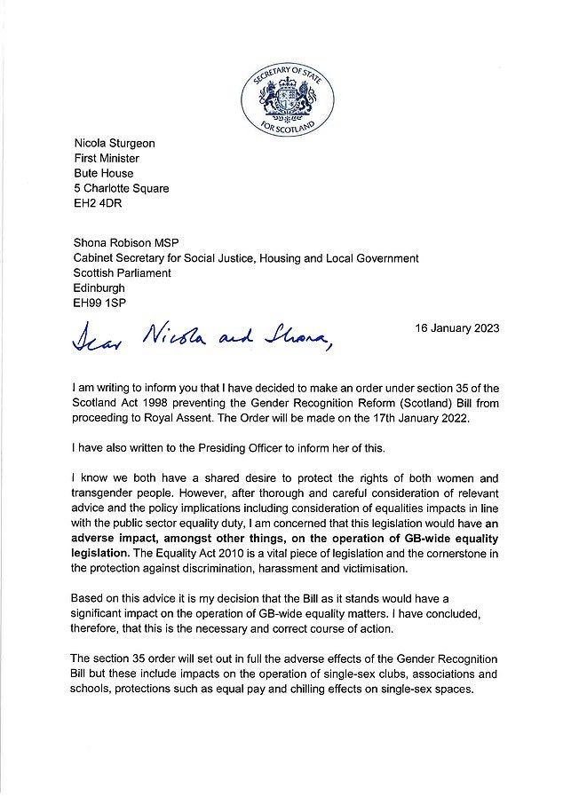 Alister Jack 昨天写信给 Sturgeon 女士,通知她英国政府' s decision